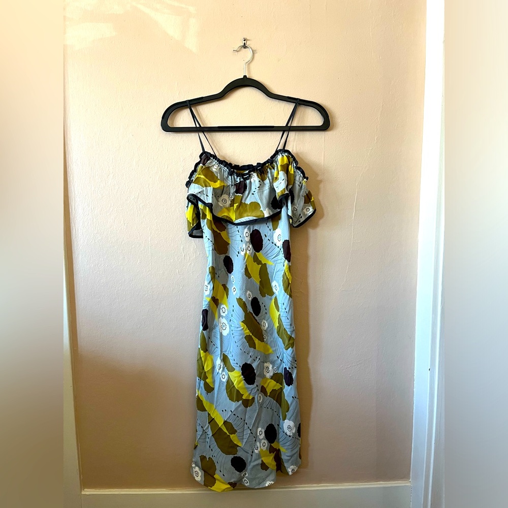 NWT Petro Zillia Kyle 100% Silk Dress Retro Scenery Floral Cold Shoulder XS
